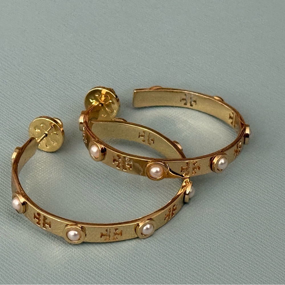 Tory Burch Gold and Pearl Hoop Earrings